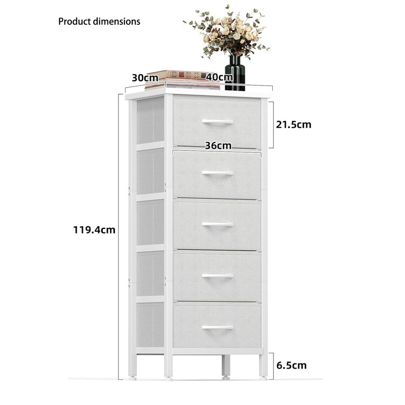 40 cm W Chest of 5 Drawers, White