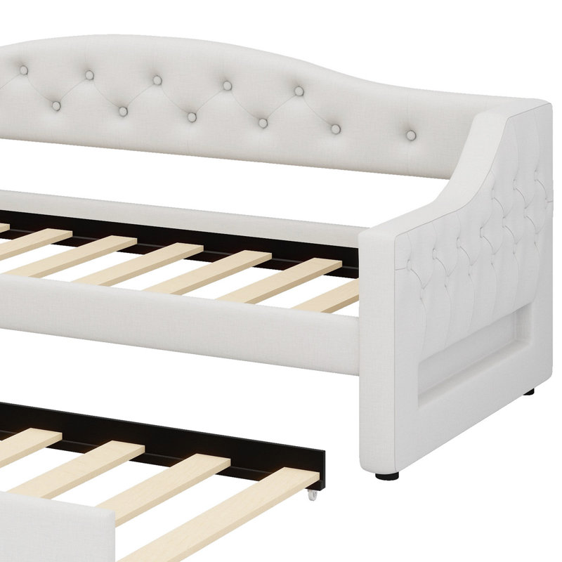 Upholstered Daybed With LED Belt And Trundle, Beige