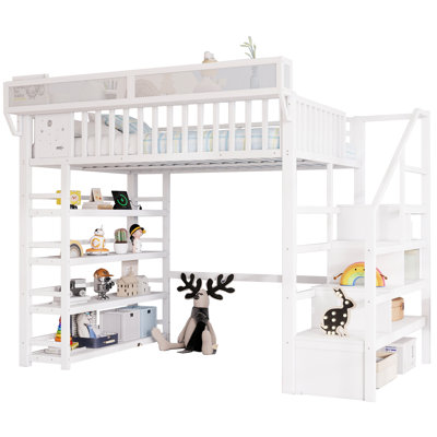 Lit mezzanine double en métal noir avec support à 4 tablettes, ports de charge, lumières et stable avec station de rangement, ambiance 350 lb
