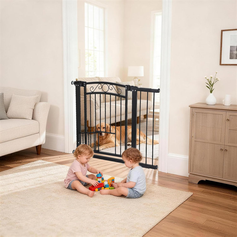 Barrière de sécurité réglable pour bébé et animal avec porte pour chat, 30 à 41 pouces de large, montée sous pression, White