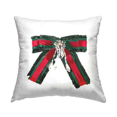 Green & Red Bow Decorative Printed Throw Pillow Design by Amelia Noyes