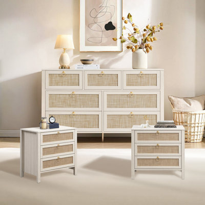 Boho Rattan 3 Piece Bedroom Set, 7-Drawer Dresser And 3-Drawer Nightstands