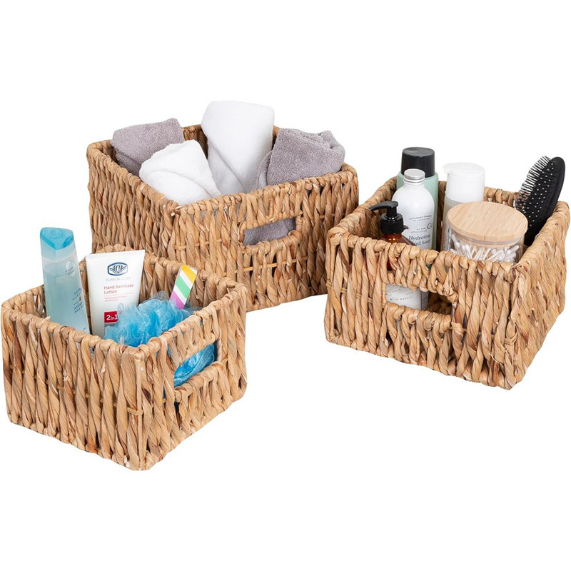 Square Wicker Storage Baskets With Built-In Handles – Multipurpose Natural Organizer Bins