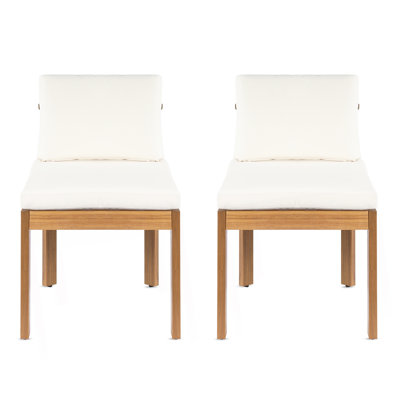 Acacia Wood Outdoor Dining Chair (Set Of 2), Teak Finish Wood + Cream Cushions