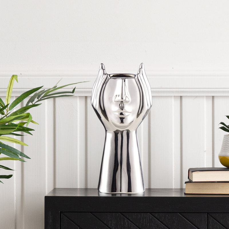 Sandborn Handmade Ceramic Vase for Living Room Decor, Face Design Modern Home Decoration, Silver