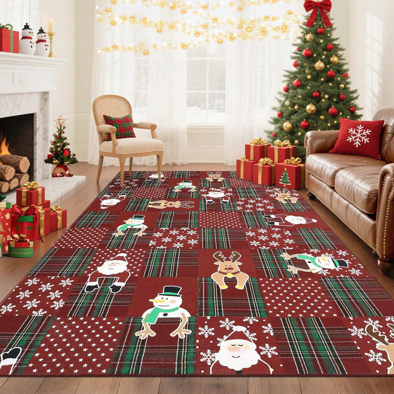 Tapis de Noël lavable - Tapis antidérapant, doux, à poils courts, résistant aux taches pour le couloir, la lessive et la cuisine (rouge)