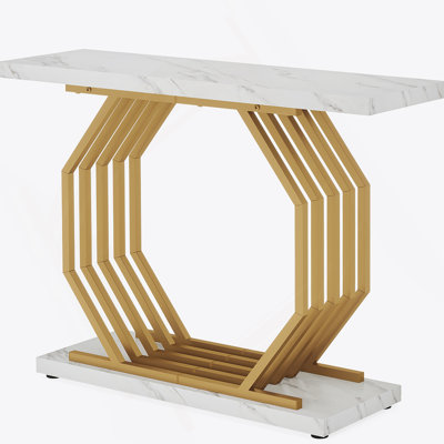 Console en or de 40 pouces avec plateau en faux marbre et base en métal géométrique, entrée moderne pour le salon et le couloir