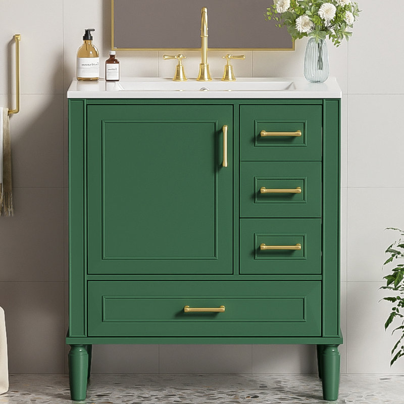 Ensemble de meuble-lavabo 30 po, à fixation au sol, avec trois tiroirs, portes à fermeture douce, avec longues poignées en métal doré, meuble-lavabo