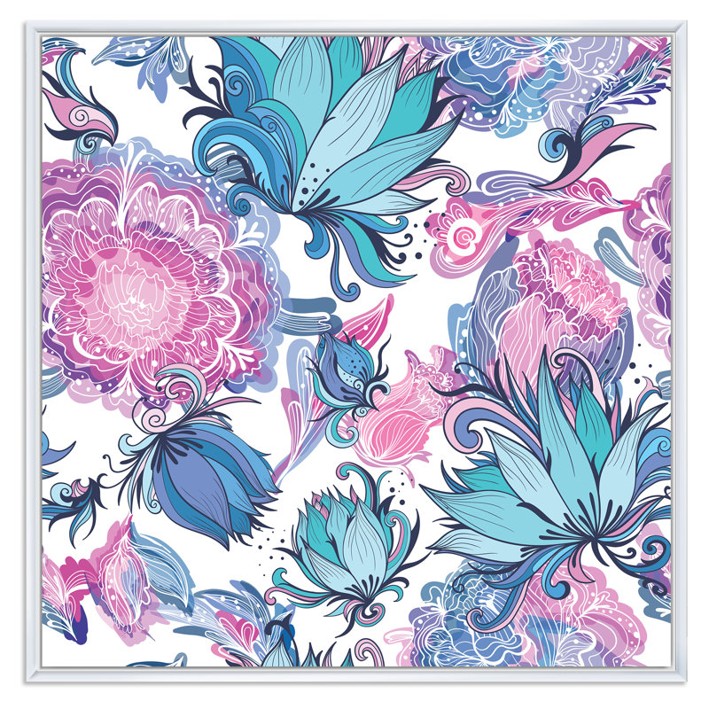 Fleurs romantiques élégantes en rose et bleu - Impression sur toile, H 16 po x l 16 po, Cadre flottant blanc