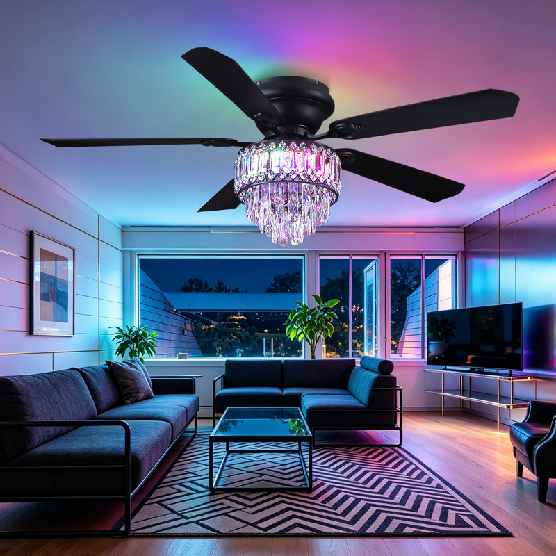 52" Crystal Flush Mount Ceiling Fan With Led Lights And Remote Control