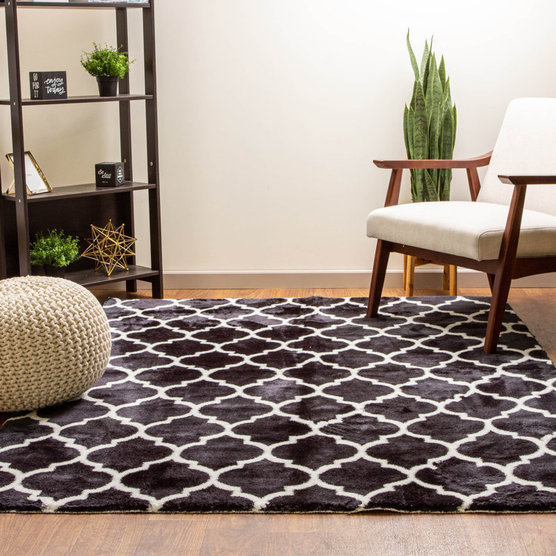 Tapis noir/blanc à zone poils longs géométrique Taos, Rectangle 5 pi 3 po x 7 pi