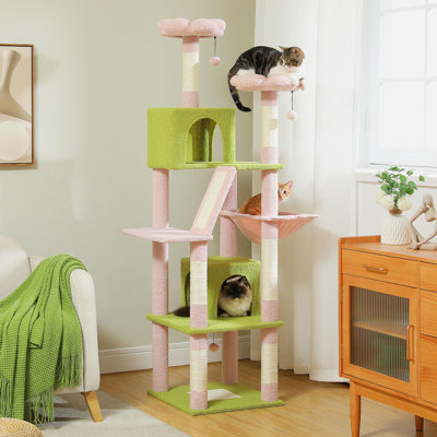 Grand arbre à chat à plusieurs niveaux avec 2 perchoirs, 2 appartements, un hamac et 2 balles en peluche