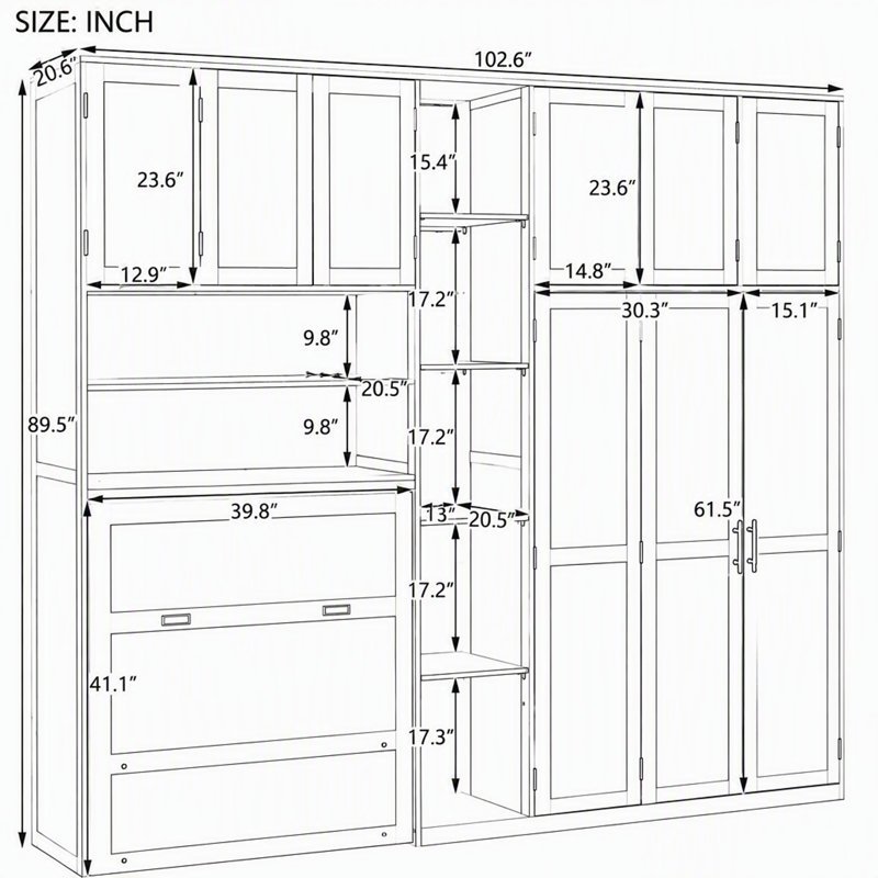 Lit escamotable double avec armoire, rangement et tablettes DEL, Grey