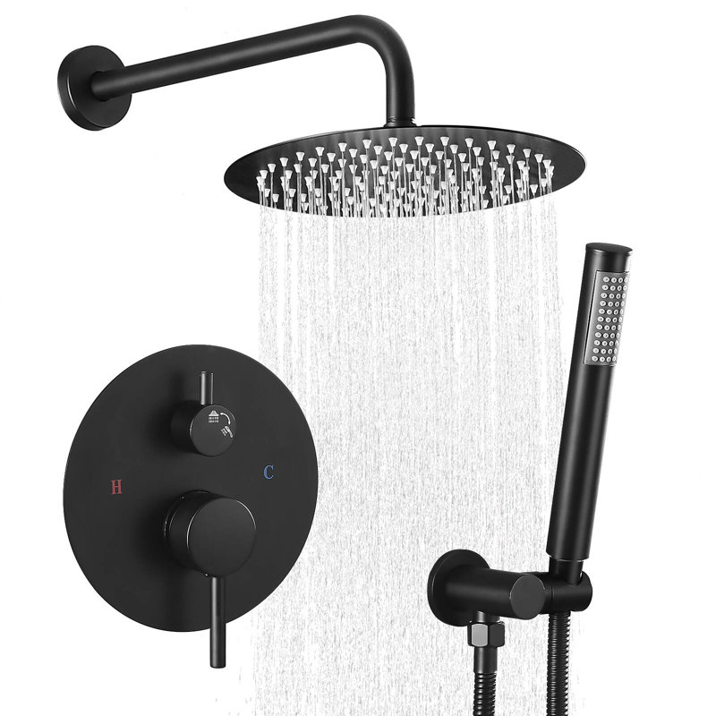 Système de douche rond moderne, pomme de douche à pluie avec douchette, ensemble de robinet de douche, Noir mat