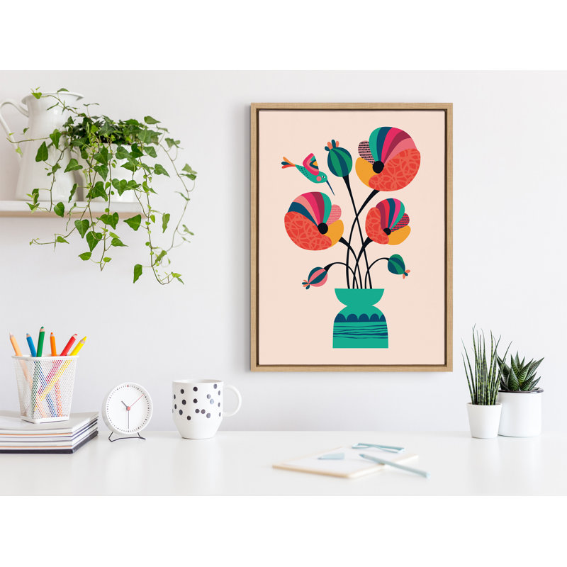 «Mid Century Modern Poppies» par Rachel Lee, 3 oiseaux, reproduction d'art sur toile encadrée