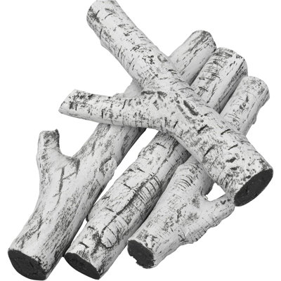 4 Piece Set of Ceramic White Birch Wood Gas Log for All Types of Ventless, Gel, Ethanol, Electric