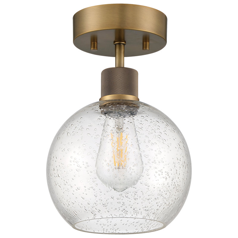 Southglenn Burgundy LED Semi-Flush - Brushed Steel - Seeded Glass, Antique Brushed Brass