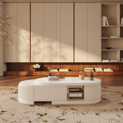 White Modern Extendable Coffee Table with Storage - Light Luxury Oval Living Room Center Table (47.24" to 61" Stretching/Contracted Form) by Latitude Run