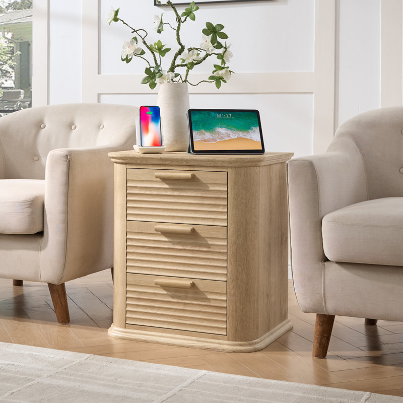 22" Wide Fluted Nightstand With Charging Station, Modern 3 Drawer End Table For Bedroom And Living Room | Gift Idea, Oak