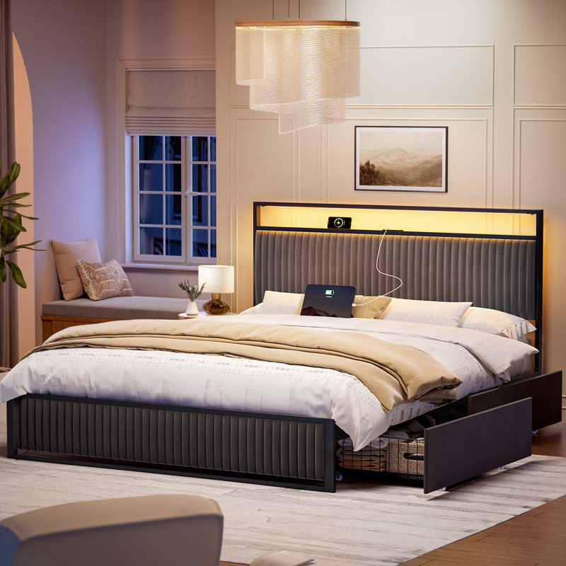 Antioch Upholstered Platform Bed with 2-Drawer Storage and Charging Station, Queen, Dark Gray