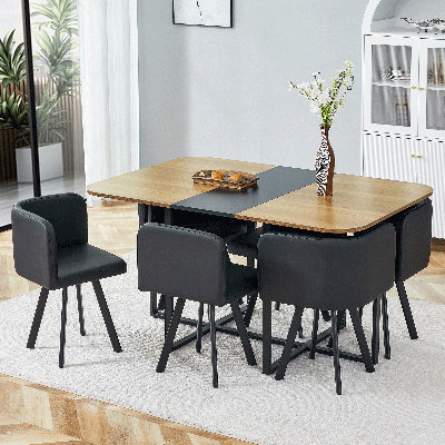 60" Wood Dining Table Set With 6 PU Leather Chairs
