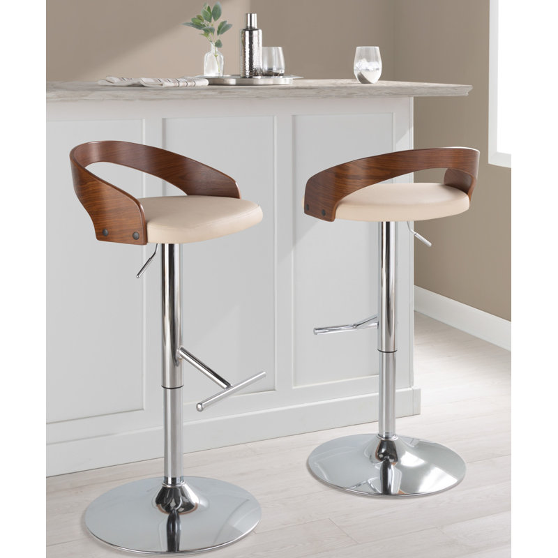 Walnut and Chrome Adjustable Swivel Barstools with Beige Upholstery