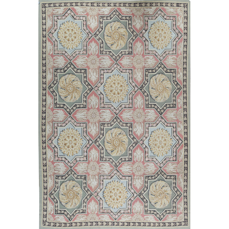 Hand-Knotted High-Quality Green and Rose Area Rug