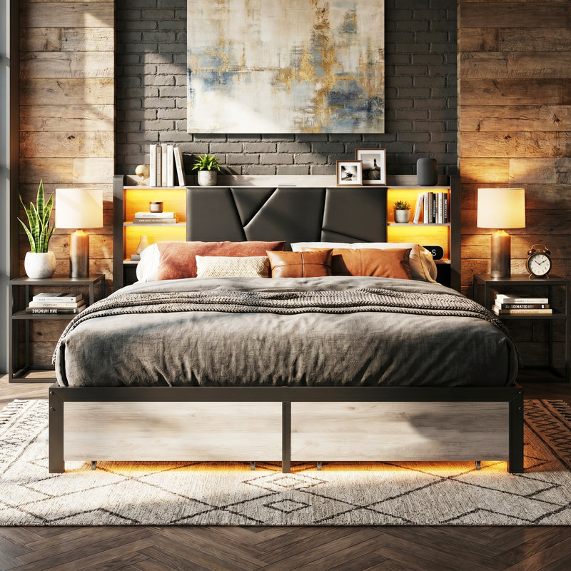 EU Double & King RGB LED Metal Storage Platform Bed with USB-C Charging, PU Tufted Headboard & 2 Footboard Drawers, Black,  140/160x200cm