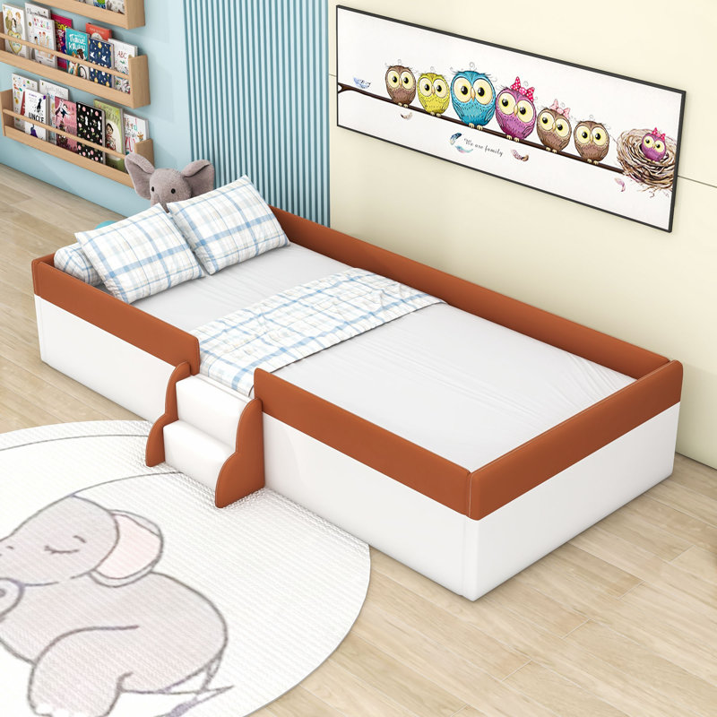 Upholstered Daybed with Guardrails and Stairs, Twin, White/Brown