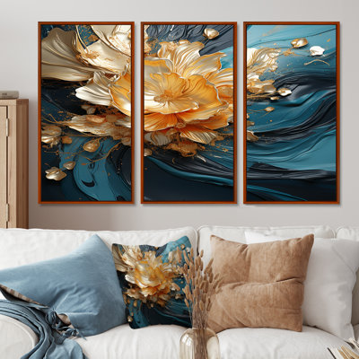 Blooming Golden Flower Waves - Art mural abstrait, ensemble de salon