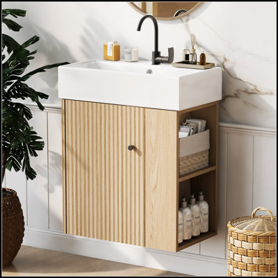  Modern Floating Bathroom Vanity With Ceramic Basin And Right Side Storage, For Small Bathrooms