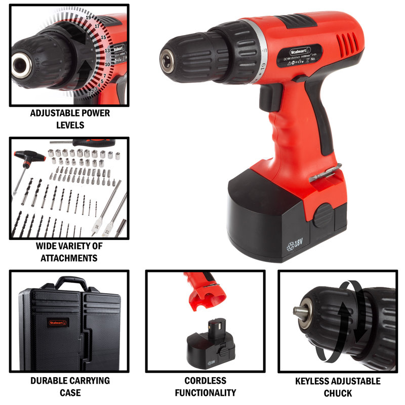 18V Cordless Drill Set - 78-Piece Tool Set with Drill Bits, Sockets, Driver Bits, Flashlight, Rechargeable Battery, and Tool Box by Stalwart (Red)