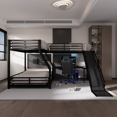 Twin Over Full Bunk Bed With Twin Size Loft Bed,Metal L-Shaped Bed With Built-In-Desk,Slide And Usb Ports