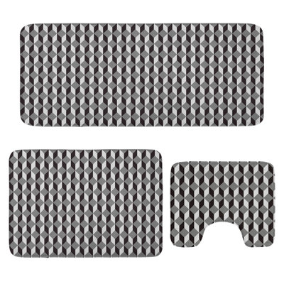  Geometric Bathroom Rug Set 3 Pieces U-Shape & Rectangle Mats Black Grey and Pale Grey