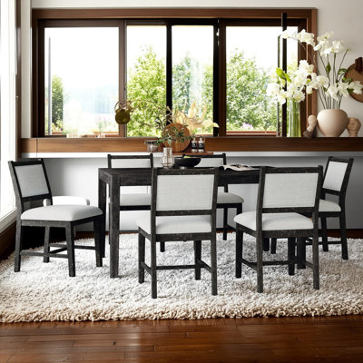 7-Piece Retro Dining Set for 6, Rectangular Wood Table with Upholstered Chairs for Dining Room