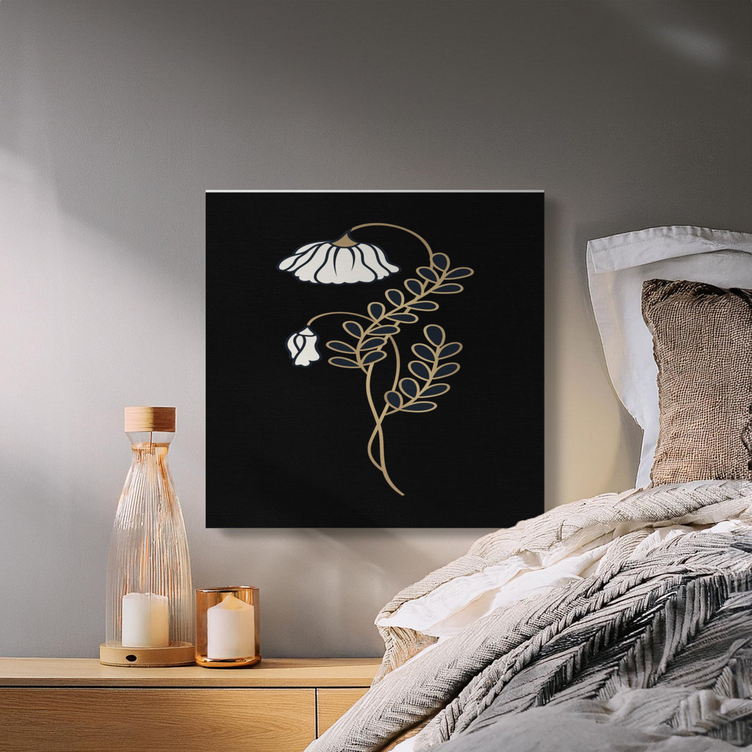 Modern Botanical Canvas Wall Art, Black Minimalist Floral Print with Faux Gold Accent, Elegant Luxury Home Decor Gift
