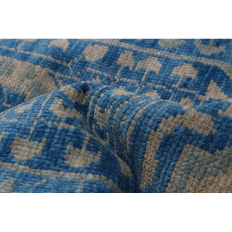 Tapis mamelouk bleu noué à la main de conception unique 12 pi 0 po x 14 pi 10 po
