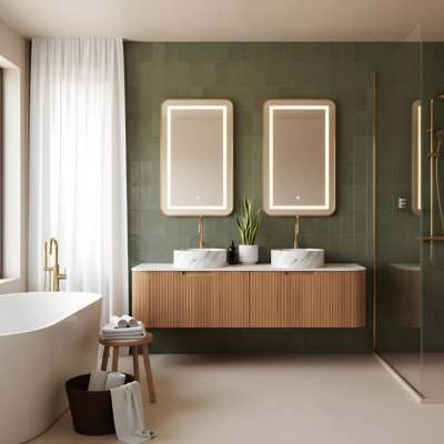 60" Wall Mounted Bathroom with 2 Stone Pattern Round Ceramic Basins and 2 Drawers