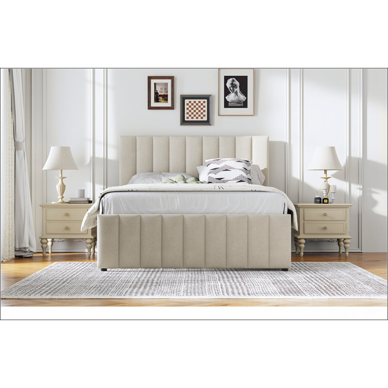 Lit plateforme tapissier avec couchette simple et 3 tiroirs Christiano, Beige