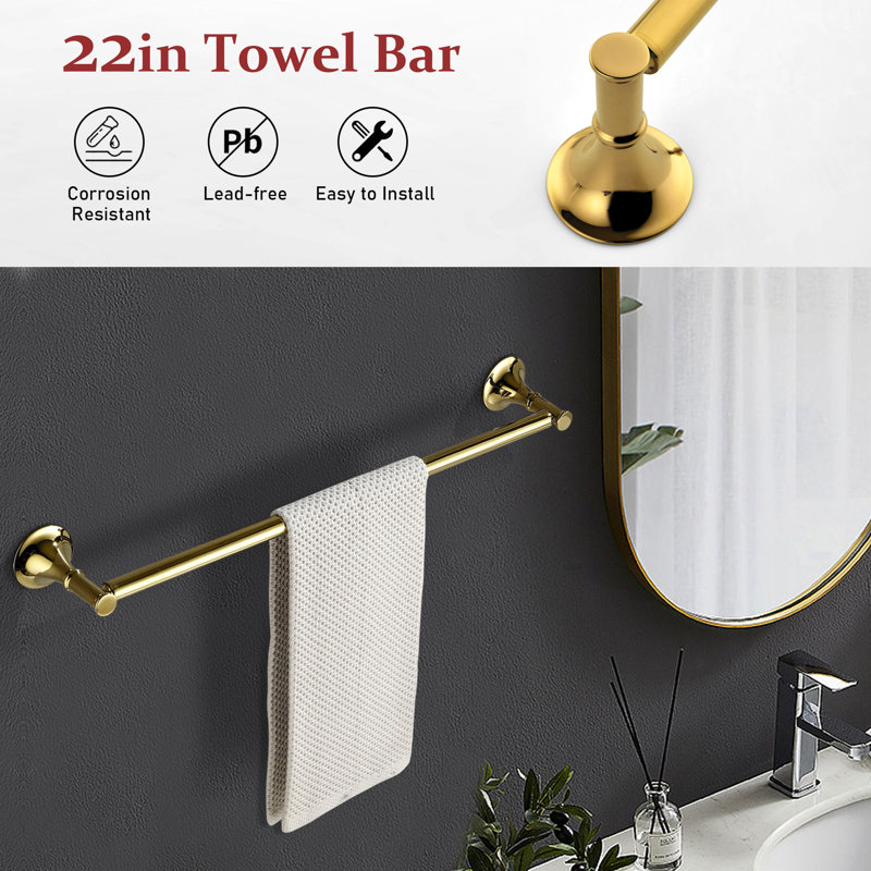 6 - Piece Bathroom Hardware Set, Brushed Gold, 3" H x 22" W x 3" D