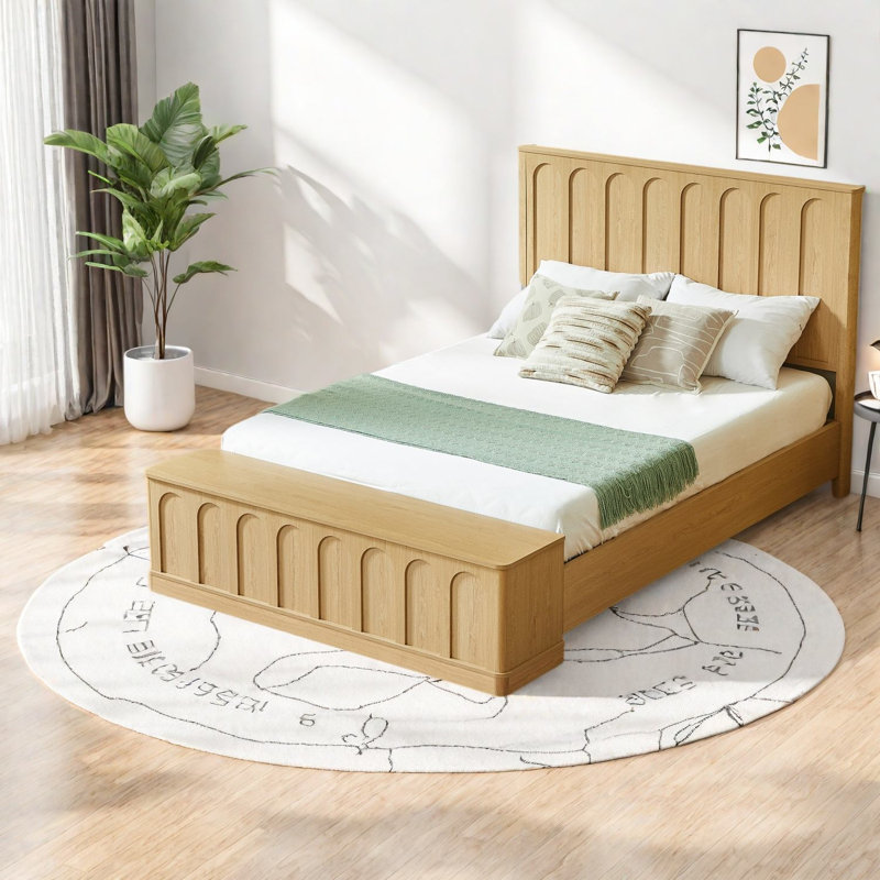 Lit Queen avec rangement hydraulique, plateforme en MDF imitation chêne, style moderne du milieu du siècle, Brun 1