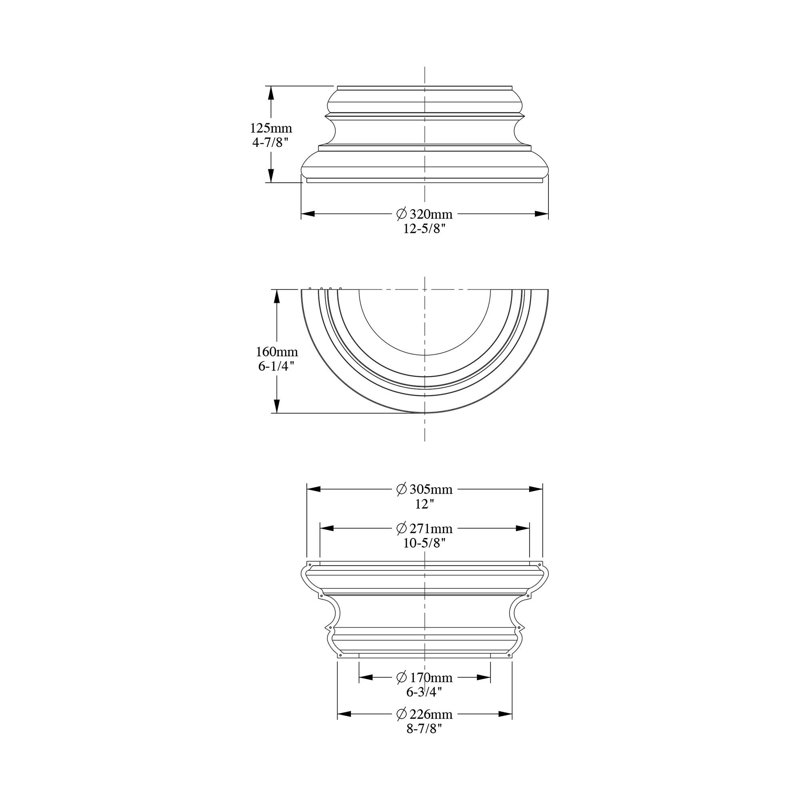 Colonne demi-ronde haute densité en polyuréthane apprêté blanc H 4 7/8 po x l 12 5/8 po x P 6 1/4 po