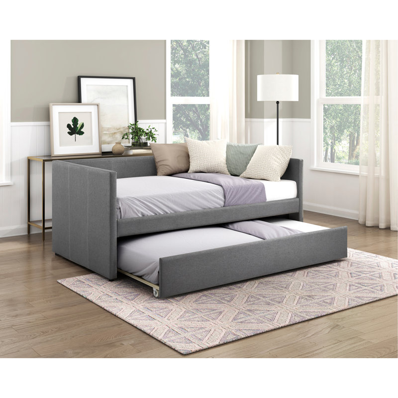 1Pc Daybed With Trundle Fabric Upholstery Modern Home Furniture, Dark Gray