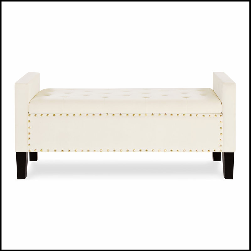 Banc rembourré capitonné avec rangement à boutons et garniture cloutée, siège rembourré pour salon, Noir