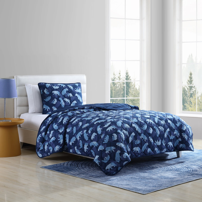 Navy Blue Microfiber Twin Kids Reversible Quilt Set