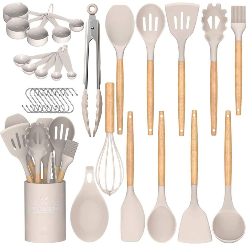 Ensemble d'ustensiles de cuisine 33 pièces avec pot à ustensiles Textiles Hub, Kaki