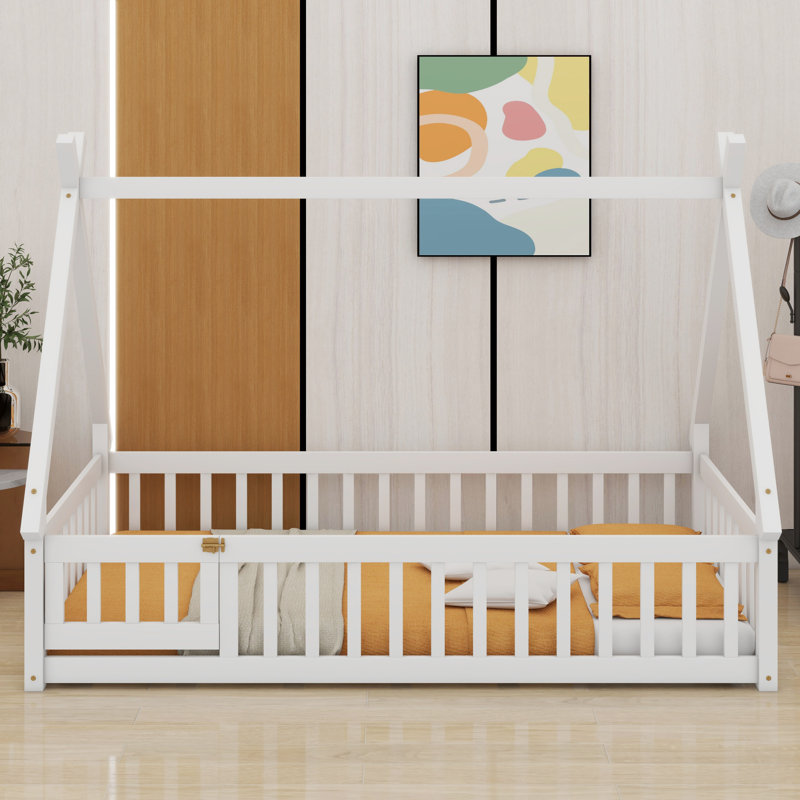 Modern Tent-Shaped Teepee Floor Bed With Guardrails, Slats And Door, Twin, White
