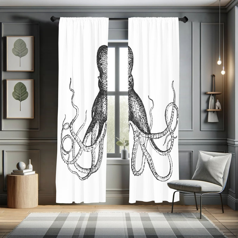  Octopus Curtains, Aquatic Animal Sketch, 28" W x 95" L