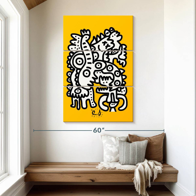 Ashelle graffiti noir et blanc sur fond jaune, H 50 po x l 32 po