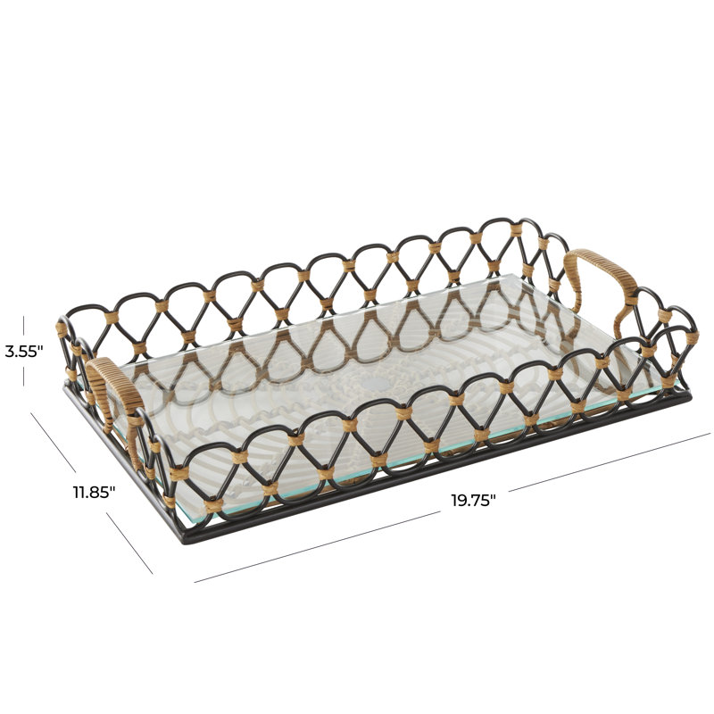 Carli Metal Circular Woven Decor Black Tray with Glass Base, 3.55" H x 19.75" W x 11.85" D